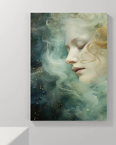 Ethereal Female Portrait Painting With Closed Eyes Curly Hair Clouds And Golden Sparkles 3d model