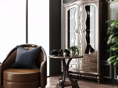 Comfortable Brown Leather Single Sofa With Dark Blue Pillow Small Side Table And Green Plant 3d model