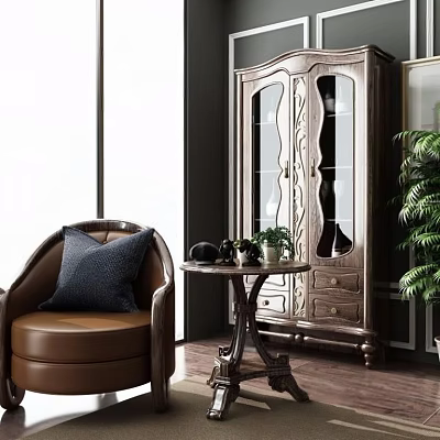 Comfortable Brown Leather Single Sofa With Dark Blue Pillow Small Side Table And Green Plant 3d model