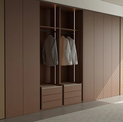 Modern Wooden Wardrobe Interior With Open Hanging Space And Drawers Design 3d model