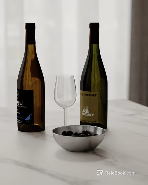 Cozy Kitchen Scene with White Countertop Wine Bottles Wine Glass and Olive Bowl 3d model 