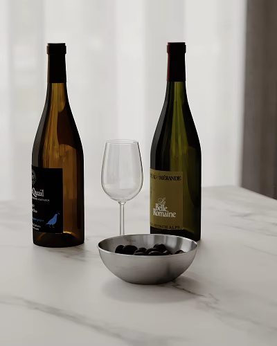 Cozy Kitchen Scene with White Countertop Wine Bottles Wine Glass and Olive Bowl 3d model