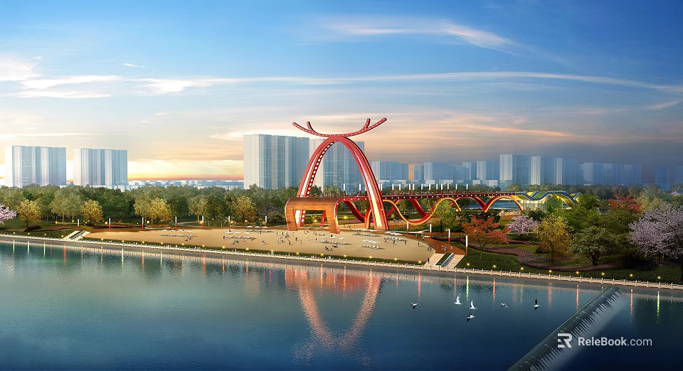 Stunning City Scenery With Red Arch Bridge Water Reflection Green Park And Tall Buildings 3d model 