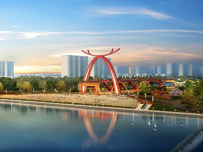 Stunning City Scenery With Red Arch Bridge Water Reflection Green Park And Tall Buildings 3d model