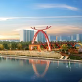 Stunning City Scenery With Red Arch Bridge Water Reflection Green Park And Tall Buildings