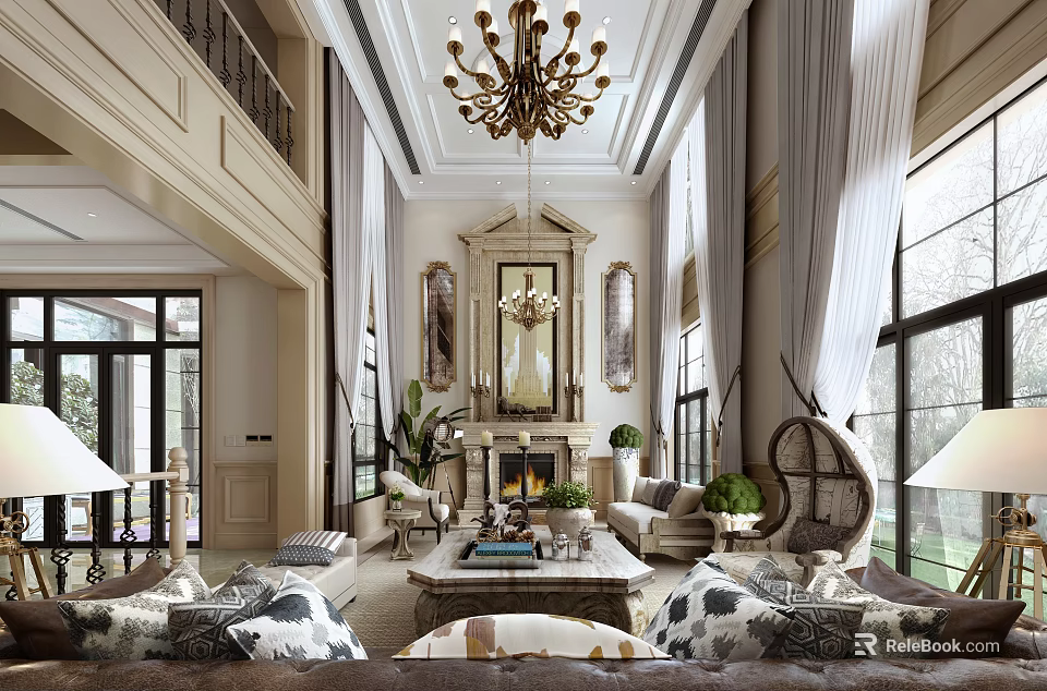 Elegant Duplex Living Room Interior With Chandelier Fireplace Sofas Coffee Table And Large Windows 3d model 