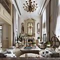 Elegant Duplex Living Room Interior With Chandelier Fireplace Sofas Coffee Table And Large Windows