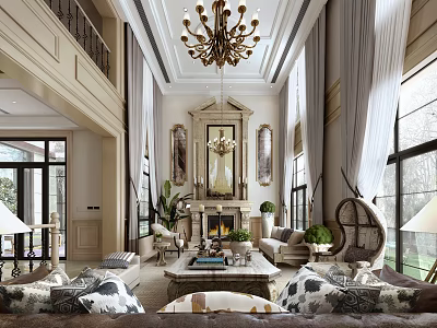 Elegant Duplex Living Room Interior With Chandelier Fireplace Sofas Coffee Table And Large Windows 3d model