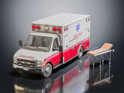 Functional EMS Ambulance For Medical Care With Emergency Lights And Stretcher 3d model