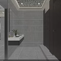 Modern Hot Pot Restaurant Corridor With Strip Lighting Gray Walls Tile Floor And Glass Doors