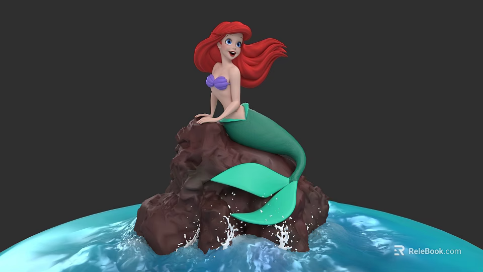 Red Haired Mermaid Character Sitting On Rock With Green Tail Purple Top And Splashing Water 3d model 
