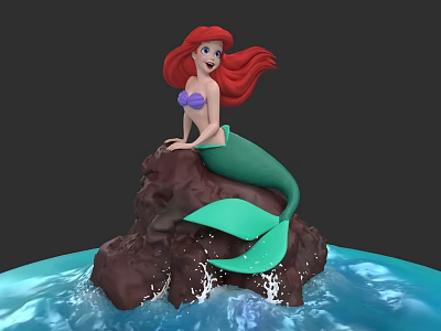 Red Haired Mermaid Character Sitting On Rock With Green Tail Purple Top And Splashing Water 3d model