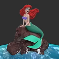 Red Haired Mermaid Character Sitting On Rock With Green Tail Purple Top And Splashing Water