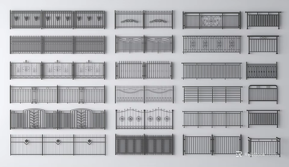 Diverse Fence Designs Collection Featuring Various Decorative Patterns And Ornamental Styles 3d model 