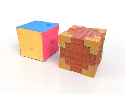 Colorful Cubes With Blue Top Yellow Pink Sides And Red Wooden Stack With Golden Corners 3d model