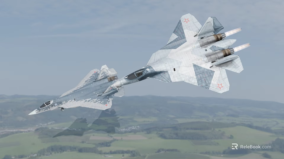 Modern Fighter Jet Flying Over Green Fields And Mountain Landscape With Insignia On Wings 3d model 