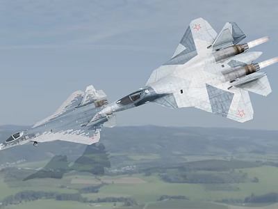 Modern Fighter Jet Flying Over Green Fields And Mountain Landscape With Insignia On Wings 3d model