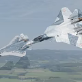 Modern Fighter Jet Flying Over Green Fields And Mountain Landscape With Insignia On Wings