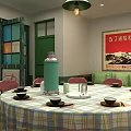 Traditional Chinese Private Dining Room With Round Table Checkered Tablecloth Red Chairs And Pendant Light