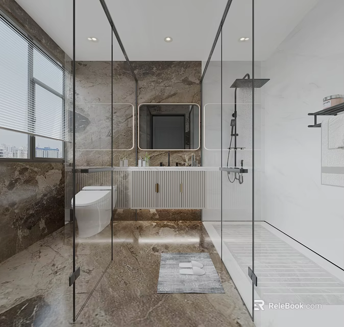 Modern Bathroom Interior Design With Glass Shower Marble Walls Vanity And Toilet 3d model 
