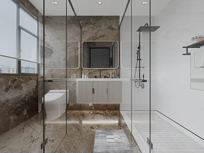 Modern Bathroom Interior Design With Glass Shower Marble Walls Vanity And Toilet 3d model