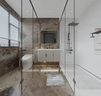 Modern Bathroom Interior Design With Glass Shower Marble Walls Vanity And Toilet 3d model