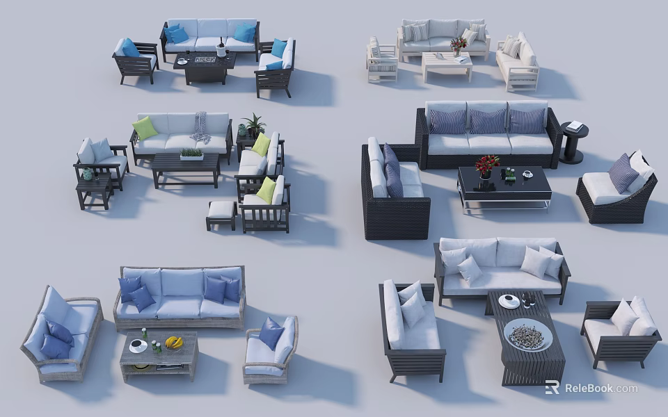 Stylish Outdoor Sofas With Various Designs Coffee Tables And Chairs Set 3d model 