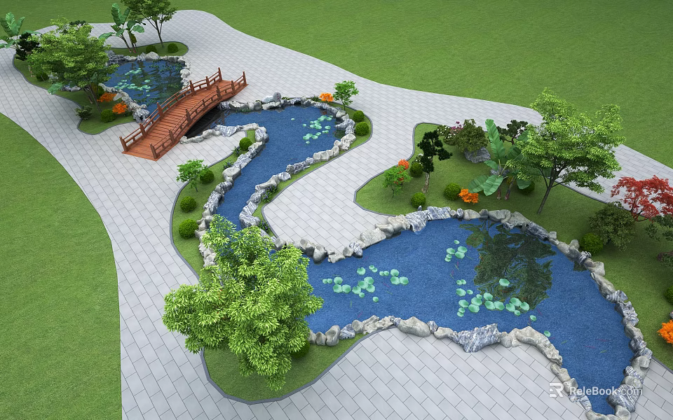Garden Landscape Design With Winding Paths Wooden Bridge And Ponds With Water Lilies 3d model 