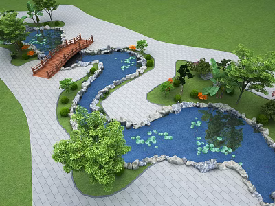 Garden Landscape Design With Winding Paths Wooden Bridge And Ponds With Water Lilies 3d model