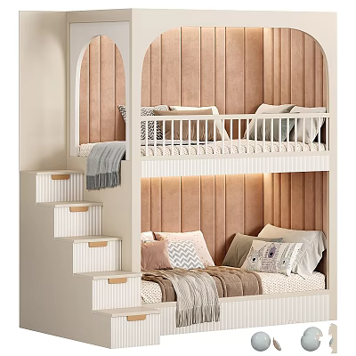 Kids Bunk Bed With White Frame Storage Stairs Cozy Pillows And Brown Padded Wall 3d model