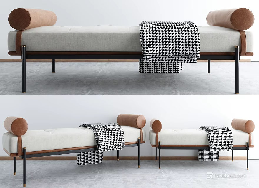 Modern Gray Ottoman Bench With Brown Roll Pillows Black White Checkered Blanket And Wooden Frame 3d model 