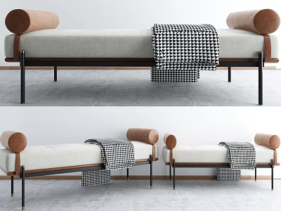 Modern Gray Ottoman Bench With Brown Roll Pillows Black White Checkered Blanket And Wooden Frame 3d model