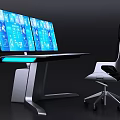 Modern Office Desk With Adjustable Silver Frame White Desktop Black Monitor And Ergonomic Rolling Chair