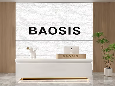 Modern Reception Desk With White Counter Gold Accents Laptop Marble Wall BAOSIS Sign And Green Plant 3d model