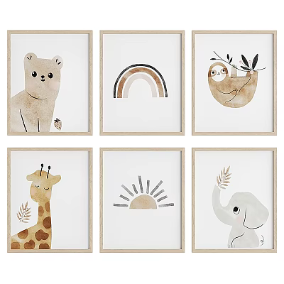 Adorable Animal Paintings with Bear Sloth Giraffe Elephant Rainbow Sun and Framed Prints 3d model