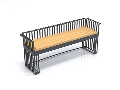 Outdoor Bench With Wooden Seat And Black Metal Railed Frame For Garden Use 3d model