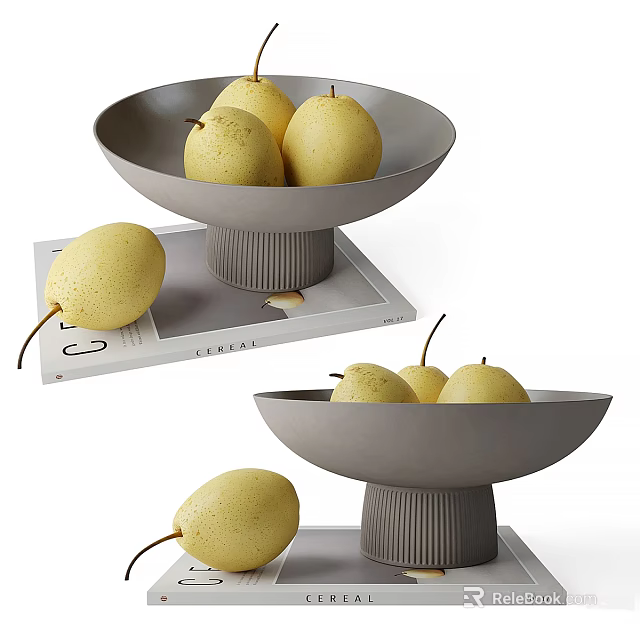 Fresh Pears Displayed In Gray Bowls And On Magazine 3d model 