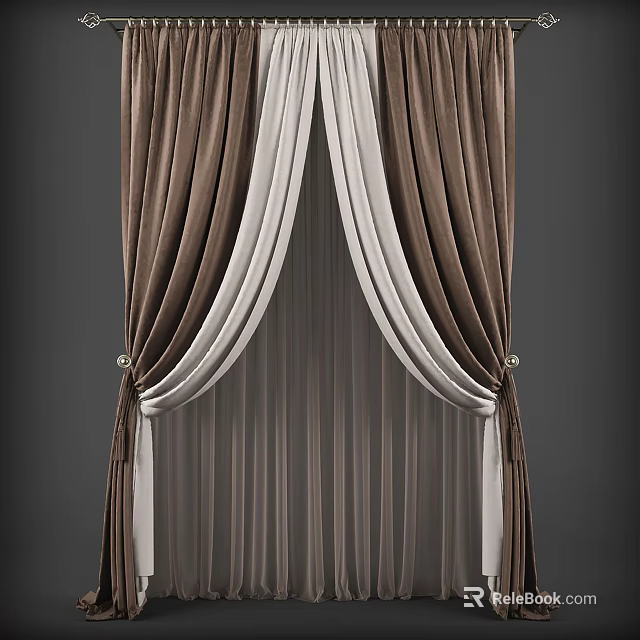 Elegant Modern Curtains With Brown And White Draped Layers And Decorative Tiebacks 3d model