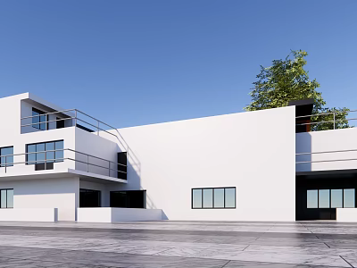 Modern Detached Villa With White Exterior Balconies Large Windows And Trees Under Blue Sky 3d model