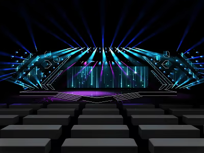 Modern Stage Design With Blue Purple Lights LED Screens And Audience Seats 3d model