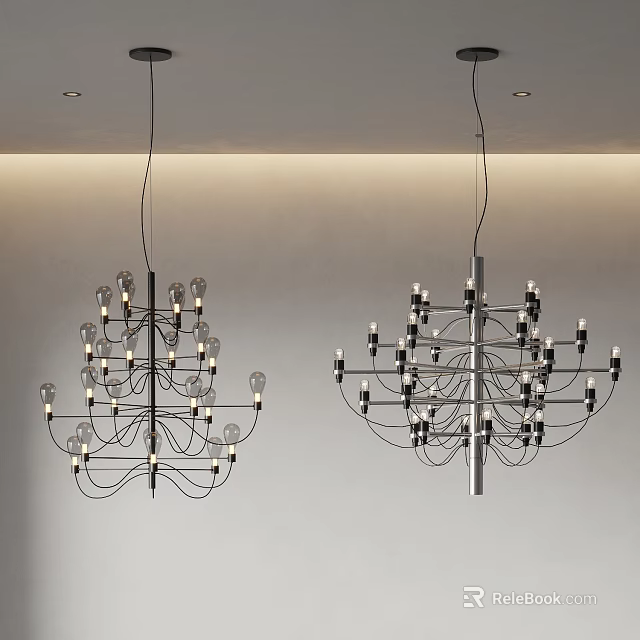 Modern Chandeliers With Multiple Bulbs And Metal Frames In Minimalist Interior 3d model