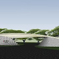 Modern Curved Entrance Gate With Textured Surface Surrounded by Green Trees