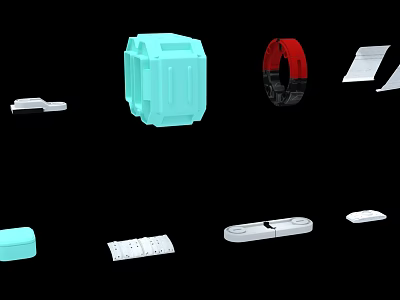 Fighter Jet Plastic Parts on Black Background with Blue Cube Red Ring and White Strip Shapes 3d model