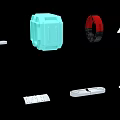 Fighter Jet Plastic Parts on Black Background with Blue Cube Red Ring and White Strip Shapes