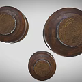 Three Wooden Ceramic Vessels With Silver Rimmed Open Tops And Textured Bodies
