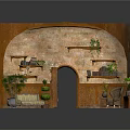 Rustic Interior Space With Arched Doorway Brick Wall Wooden Shelves Plants Sofa And Armchair