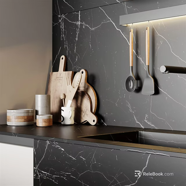 Kitchen Utensils And Tools With Marble Backsplash Wooden Handles And Countertop Design 3d model 