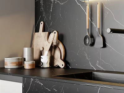 Kitchen Utensils And Tools With Marble Backsplash Wooden Handles And Countertop Design 3d model