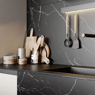 Kitchen Utensils And Tools With Marble Backsplash Wooden Handles And Countertop Design 3d model