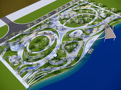 Modern Open Park Landscape With Curved Walkways Green Spaces Water Features Seaside 3d model